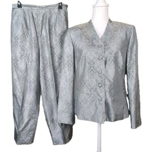 Travis Ayers 2pc Silk Jacket + Pant Suit Womens 10 Sage Green Paisley Occasion